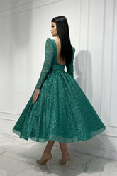Glamorous Dark Green A-line Sequined Ankle Length Prom Evening Dresses with Long Sleeves